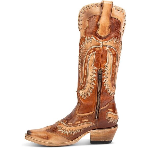 Women's Brown Floral Embroidered Cowgirl Boots Chunky Low Heels Pull On - Picture 4 of 7